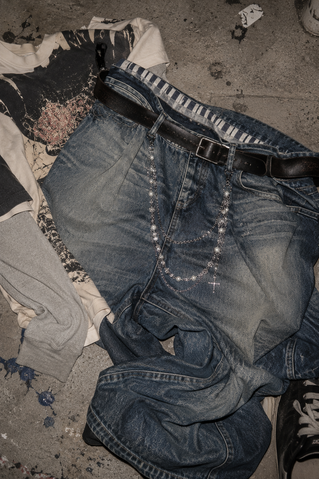 ADRN 03 Flower Silver pants chain attached to oversized washed denim in a raw outfit flat lay