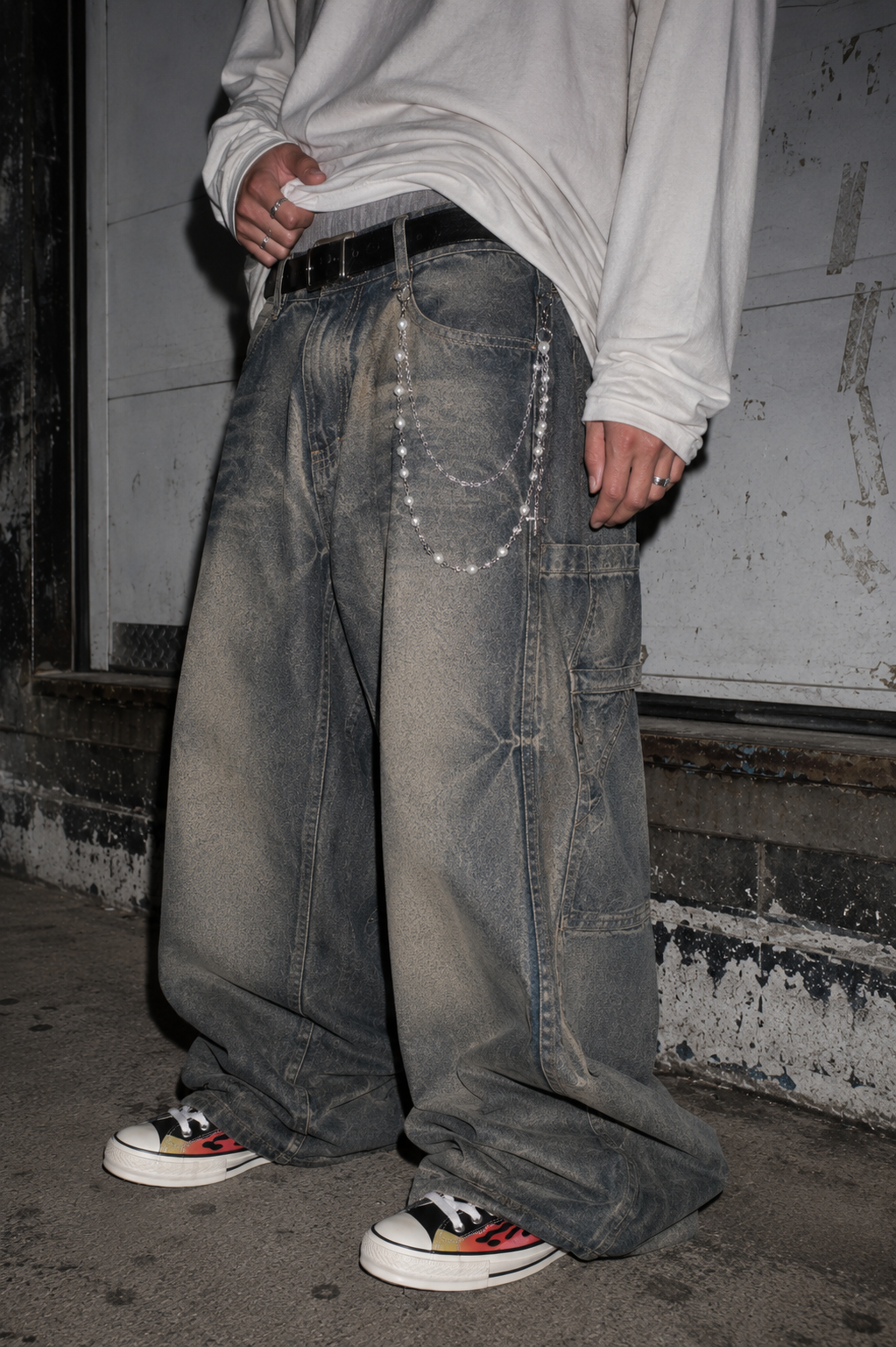 ADRN 03 Flower Silver pants chain worn with oversized washed denim and a white long-sleeve top
